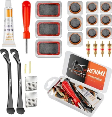 Produktbild von HENMI Fahrrad Flickzeug Set 12 Patches, Metallhebel, Reifenreparaturkleber