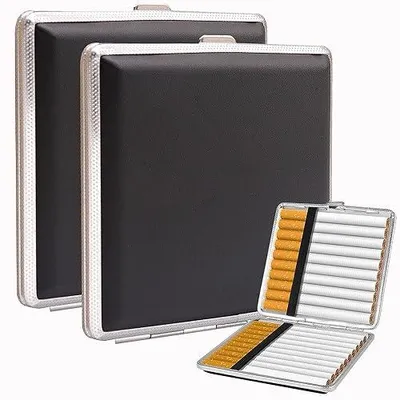Produktbild von 2 Stück Zigarettenetui aus für 20 Zigaretten, Kunstleder Metall Zigarettencase (Schwarz+Schwarz XXL)