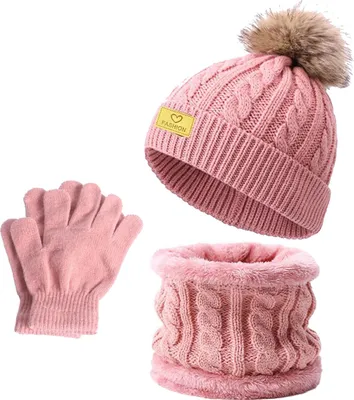 Produktbild von 3-teiliges Winterset für Kinder: Mütze, Schal, Handschuhe, Plüschbommel-Dekor, gedrehte Textur, randlose Mütze, Strickhandschuhe mit Fleecefutter, Halswärmer