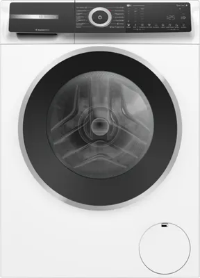 A front view of a white Bosch Serie 6 washing machine.