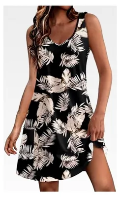 Produktbild von Damen Sommerkleid mit Spaghetti-Trägern und V-Ausschnitt, knielang, kurzarm, luftiges Boho Strandkleid mit Blumenmuster und Taschen