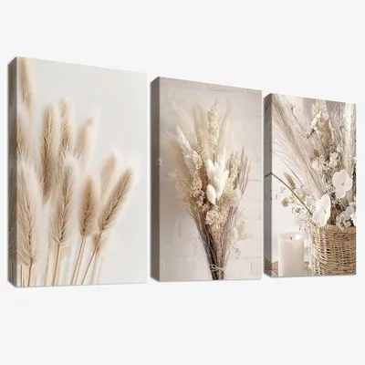 Productafbeelding van Famanu Wanddecoratieset van 3 – Pampasgras en gedroogde bloemen – Beige/Zandkleurig