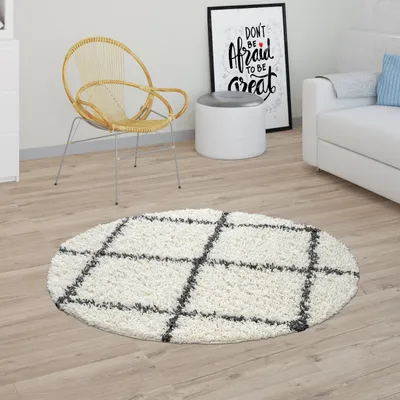 Produktbild von Hochflor Teppich Shaggy Für Wohnzimmer Skandi Stil Rauten-Design In Beige Grösse Ø 160 cm Rund