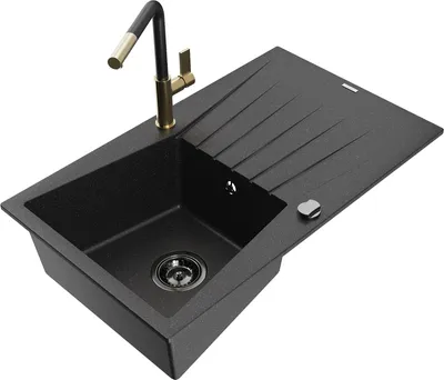Produktbild von Mexen Cesar 1 Becken-Granitspüle mit Abtropffläche und Mischbatterie Flora, Schwarz/Silbermetallic - 6514-73-670401-57-B