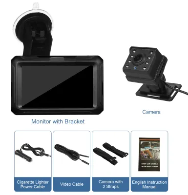 Obrázok produktu pre Detská kamera do auta, 4,3-palcový monitor, rozlíšenie 1080p, smerujúca dozadu na zadné sedadlá s nočným videním, otočná o 360°, široký uhol záberu, USB konektor pre pripojenie
