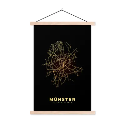 Produktbild von MuchoWow® Textilposter Karte - Münster - Gold - Karte - Stadtplan 40x60 cm mit holzfarbenen Rahmen - Poster