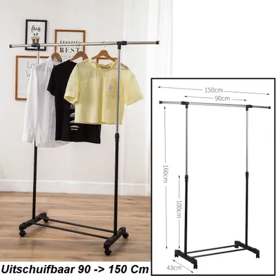 Produktbild von Mobiler Kleiderständer auf Rädern - 1 ausziehbare Kleiderstange von 90 -> 150 cm - Verstellbarer Kleiderständer - Höhenverstellbar 100 -> 160 cm - Farbe: Schwarz/Chrom - Decopatent