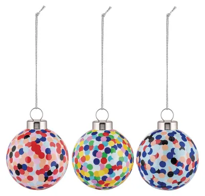 3 mundgeblasene Glaskugeln, handdekoriert, 6 cm, mehrfarbig