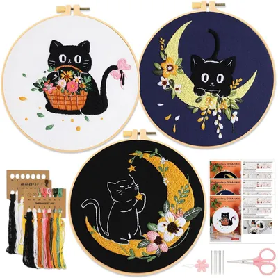 Immagine prodotto di 3 set da ricamo per principianti, kit per ricamare con motivo a forma di gatto, set per punto croce, kit creativo per adulti