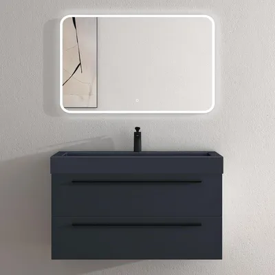 Image de doporro Meuble de Salle de Bains Gris Noir Mat Ensemble de 3 Pièces Meuble Suspendu avec Lavabo 100 cm et Miroir LED Design Quadratto