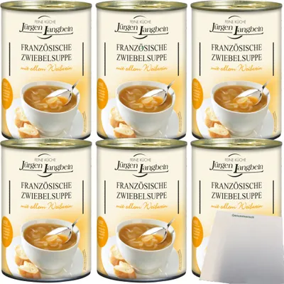 Produktbild von Jürgen Langbein Französische Zwiebelsuppe mit edlem Weißwein 6er Pack (6x400ml Dose) + usy Block