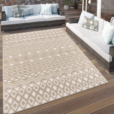 Image de Tapis d'extérieur résistant aux intempéries Salon Balcon Motif scandinave bohème Effet 3D Beige Dimensions 120 x 170 cm