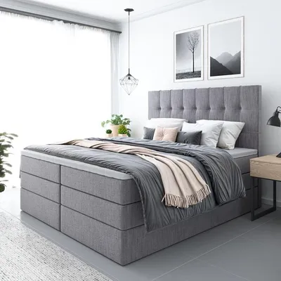 Produktbild von Bett, Boxspringbett FARO PLUS mit 2-Matrazen und Topper Visco, Doppelbett, Schlafzimmer, Polsterbett, 200x200 cm(Dunkelgrau - AURA 24)