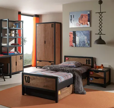 Produktbild von Jugendzimmer Set mit Einzelbett 90x200, Nachttisch, Bettschublade & Kleiderschrank CUSCO-12, Massiv cognacfarbig, schwarz, B x H x T ca. 368 x 200 x 55cm