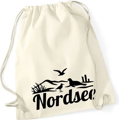 Produktbild von Huuraa Turnbeutel Nordsee Strandmotiv 12 Liter Natural Baumwolle Rucksack Geschenkidee