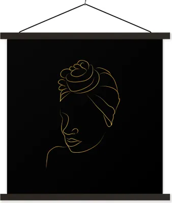 Produktbild von MuchoWow® Textilposter Frau - Kopftuch - Gold - Strichzeichnung 60x60 cm mit schwarzem Rahmen - Posteraufhänger