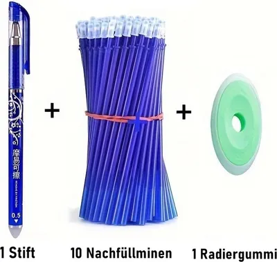 Produktbild von GKA 12 teilig Set Löschbarer Gelstift blau mit 10 Nachfüllminen 0,5 mm und Radierer Gelschreiber Minen Kugelschreiber