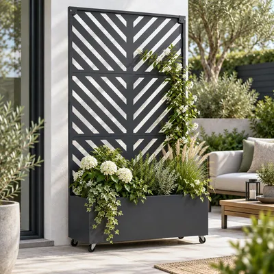 Imagen del producto de Rejilla con jardinera HWC-R38, maceta para flores, estructura de soporte, metal, 186x108x41 cm, color antracita