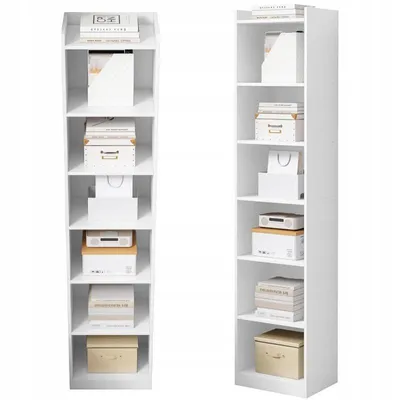 Two white bookshelves filled with various boxes and books, shown side-by-side against a white background.