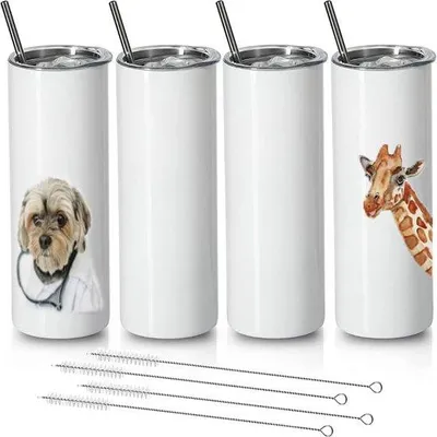 Produktbild von Famanu Trinkbecher 500 ml schlank, Edelstahl, mit Deckel und Strohhalm - 4er Set