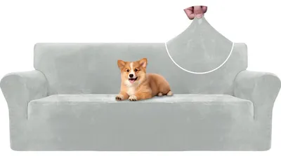 Immagine prodotto di Copertura per divano in velluto, per 3 posti, color argento-grigio, elasticizzata, antiscivolo, adatta per animali domestici