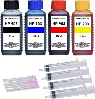 Produktbild von Tintenpatronen Nachfüllset  für HP 903 (XL) Druckerpatronen - 4 x 100 ml Nachfülltinte black, cyan, magenta, yellow + Zubehör für OfficeJet 6950, Officejet Pro 6868, 6950, 6960, 6970, 6975, 6978