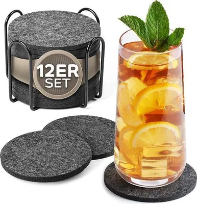 Image de Sous-verres ronds en feutre Loco Bird pour verres - lot de 12 avec support - Sous-verres design en feutre gris foncé pour boissons, tasses, bar, verres - Sous-verres de table Sous-verres en feutre