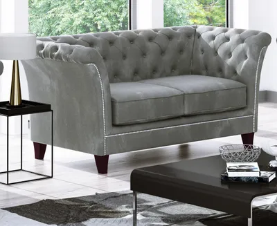 Produktbild von S-STYLE MÖBEL - Zephyr - Chesterfield Sofa 2-Sitzer aus Grau Samt mit Holzfüßen, B/T/H: 175 cm/ 82 cm/ 75 cm