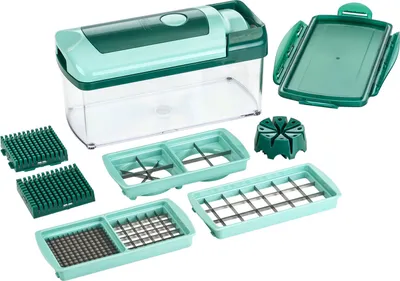 A set of kitchen chopping tools, including a main chopping unit, a collection container, and various interchangeable blades and inserts, laid out on a white background.