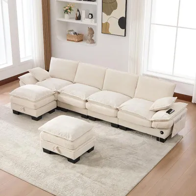 Immagine prodotto di Divano modulare a 4 posti, rivestito in corda, dimensioni 330x132x84 cm, con 2 poggiapiedi, porta USB-C e tasche laterali. Colore beige, ideale per soggiorno, ufficio o area relax