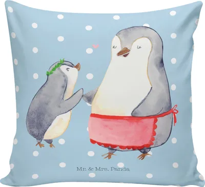 Produktbild von Mr. & Mrs. Panda kissen für sofa Pinguin mit Kind - Blau Pastell - Geschenk, Mom, Muttertag, Dekokissen 40x40, Familie, Mutter, Vorbild Mama, flauschkissen, Sofakissen
