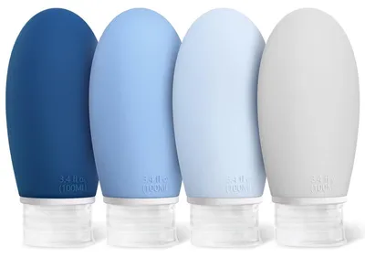 Productafbeelding van Reisflessen set, 4 stuks, 100 ml, siliconen, lekvrij, navulbaar, BPA-vrij, TSA-gecertificeerd, blauw