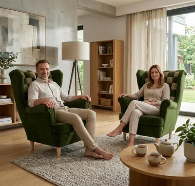 Produktbild von 2er-Set Ohrensessel CAROL Duo – Handgeflochten, Velours in Grün-Braun, Family Meble, KI-generiertes Bild