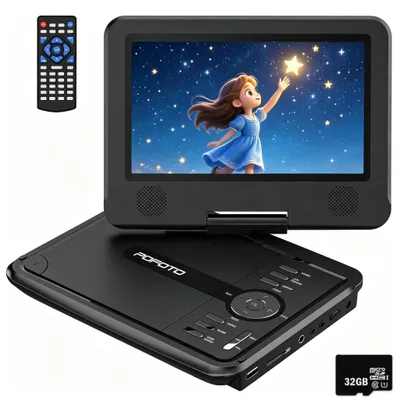 Produktbild von POFOTO 9,5" Tragbarer DVD Player mit 7,5" HD-Schwenkbaren Bildschirm, Für Das Auto, Mit Autoladegerät 4-6 Stunden Akkulaufzeit TV/USB/SD-Karte mit 32G