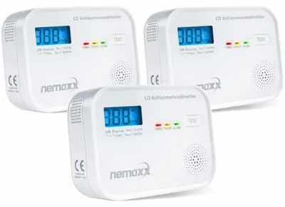Produktbild von NEMAXX® CM18 CO-Warnmelder mit LCD-Display, 85 dB Alarm, elektrochemischer Sensor, EN 50291-1:2018, Testtaste, 10 Jahre Lebensdauer, Batterie, 3x