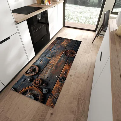 Produktbild von Küchenläufer 80 x 200 cm Braun rutschfest & waschbar – Küchenteppich Zahnräder auf Holz PVC Teppichläufer Küche