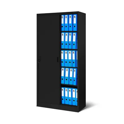 A black metal filing cabinet with sliding doors, filled with blue binders, shown against a white background.