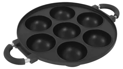 Immagine prodotto di Padella per takoyaki e frittelle - Padella con 7 cavità e manico - Antiaderente - Alluminio pressofuso - Per fornelli a gas - 39×28×5,5 cm - Nero