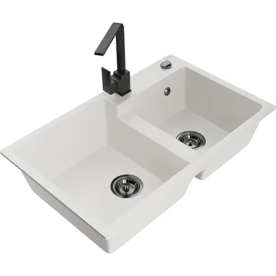 Obrázek produktu pro Mexen Tomas 2-miskový granitový dřez s kuchyňskou baterií Rita, Bílá - 6516-20-670300-70