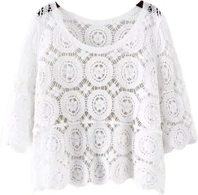 Image de Pull de style bohème-hippie pour la plage, avec des manches 3/4 ajourées | blanc | taille unique | motif floral