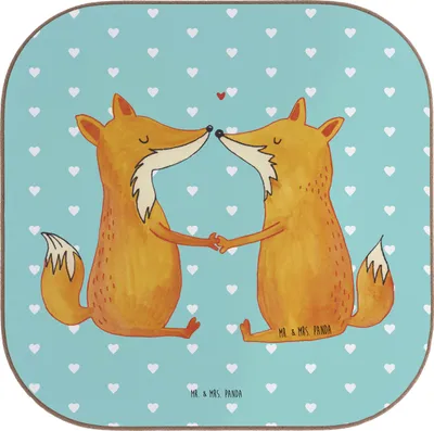 Produktbild von Mr. & Mrs. Panda Tischschoner Füchse Liebe - Türkis Pastell - Geschenk, Freundin, Fuchs, Holzuntersetzer, Tassenuntersetzer, Coaster, Untersetzer für Gläser, Fox, Paar