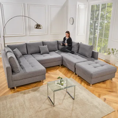 Produktbild von riess-ambiente Moderne XXL Wohnlandschaft KENT 305cm grau Federkern inklusive Hocker und Kissen U-Sofa Big Sofa Couch
