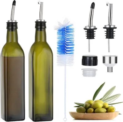 Produktbild von Olivenölflasche, 500 ml, mit Ausgießer – Set aus 2 – Pinsel – Olivenölspender