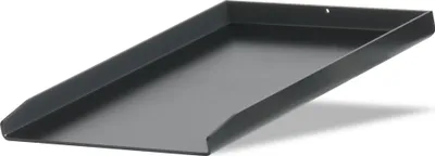 A black metal grill plate is shown from a diagonal angle against a white background.