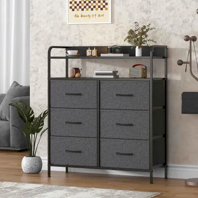 Immagine prodotto di Comodino Zimilo con 6 cassetti in tessuto e ripiano aperto, mobile contenitore per camera da letto e ingresso, mobiletto con struttura in acciaio, 83x30x97 cm, grigio