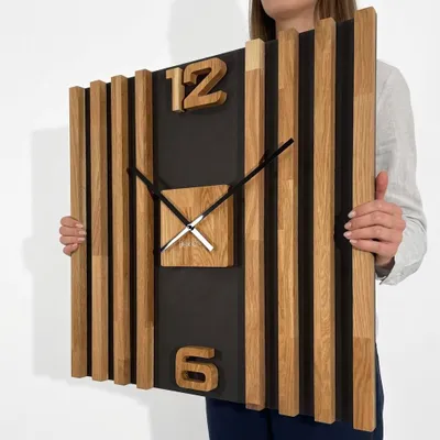 Produktbild von Wanduhr groß modern Holz Eiche lautlos ohne Tickgeräusche Designer Zeitmesser Wand Dekor Wohnzimmer Küche Badezimmer große Wall Clock minimalistisch