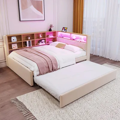 Obrázok produktu pre okwish Rozkladacia pohovka 140×200 cm Multifunkčná rozkladacia pohovka, jednolôžko, vybavená LED osvetlením, zásuvkami a mnohými úložnými priestormi, bez matraca, béžová