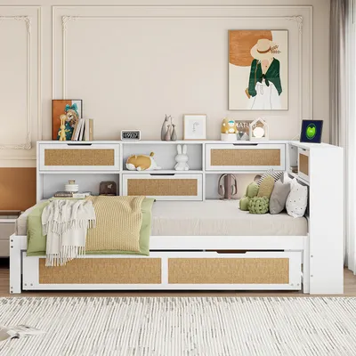 Image de OKWISH Lit Gigogne 90x200 cm, Lit Enfant avec Lit Supplémentaire, Tiroirs et Port USB, Bois Massif, Blanc, Sans Matelas