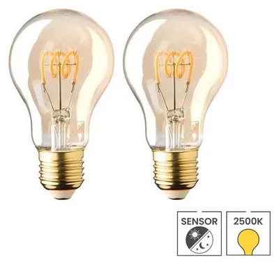 Produktbild von 2er-Set Sensorlampe | 2,3W | 2500K warmweiß | E27 | LED-Lampe mit Tag- und Nachtsensor | Gold | Glühfaden | Lybardo