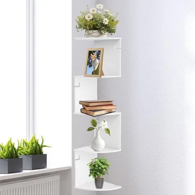 Produktbild von Unyqoos® Eckregal Weiß – 5 Ebenen, 19×19×83 cm, aus PVC-Holz-Kunststoffplatten, wandmontierbar, platzsparend & stabil für Bücher, Pflanzen und Deko